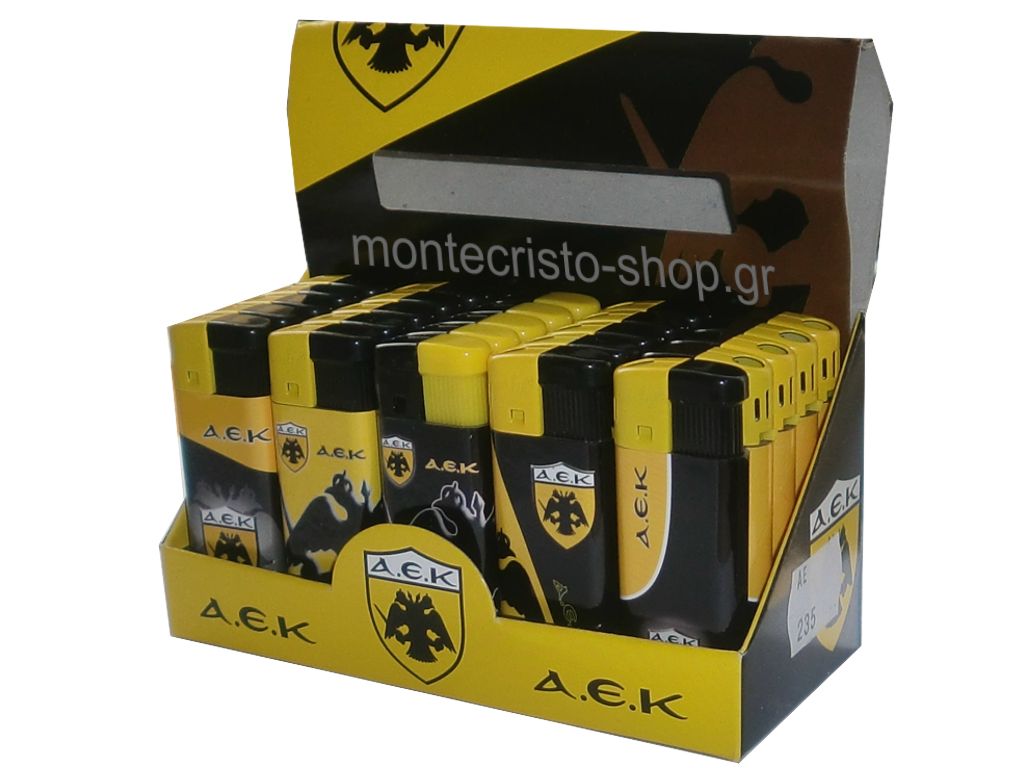 Κουτί με 25 αναπτήρες AEK πλαστικός μικρός με τιμή 0.38 ο ένας