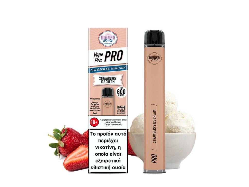 Ηλεκτρονικό τσιγάρο μιας χρήσης DINNER LADY VAPE PEN PRO 600 STRAWBERRY ICE CREAM Χωρίς Νικοτίνη (παγωτό φράουλα) 2ml