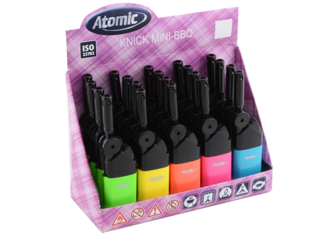 4956 - Κουτί με 20 αναπτήρες Atomic Knick Mini BBQ Neon colors 3692502 (με κινούμενο στόμιο) 12.5cm ματ