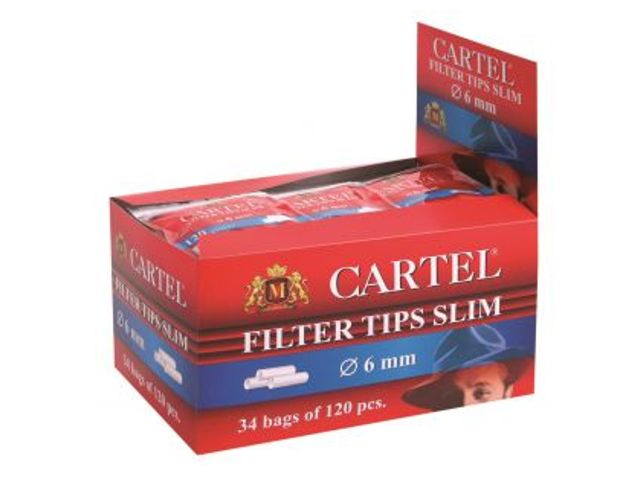 Κουτί με 34 φιλτράκια Cartel Slim 6mm με 120 φίλτρα το σακουλάκι και φίλτρο 15mm